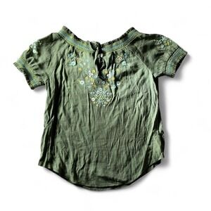Embroidered Peasant Top Olive‎ Green Floral Boho Bohemian Short Sleeve Blouse